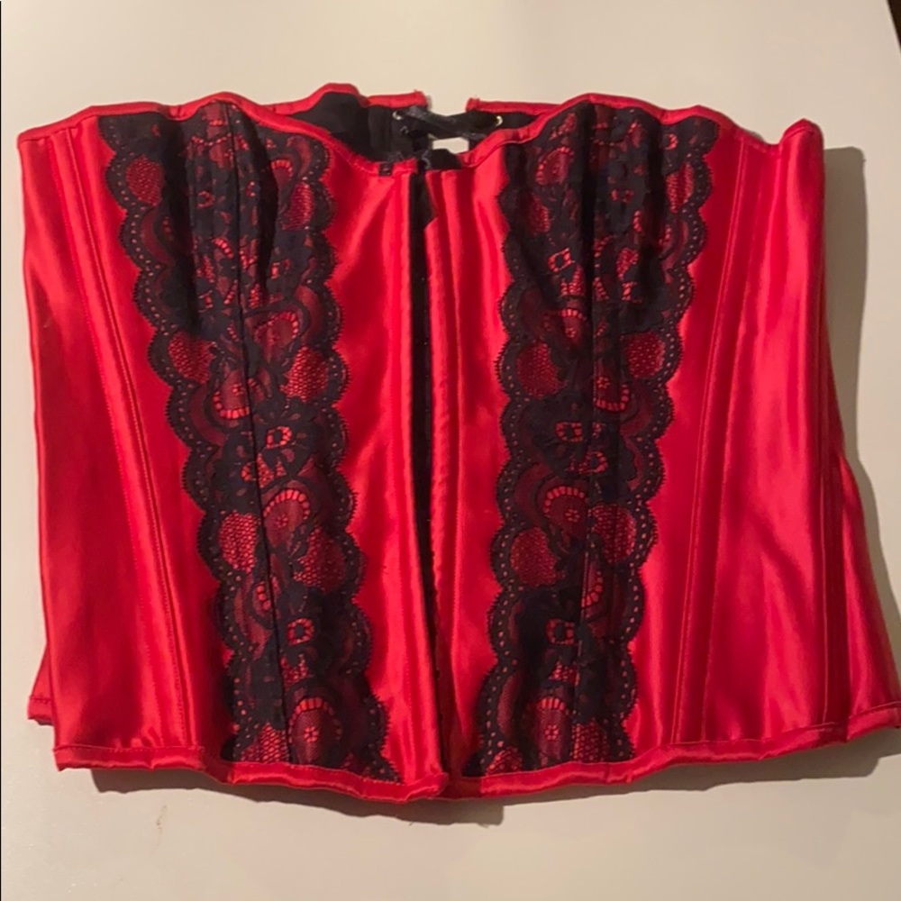 Red satin with black lace corset